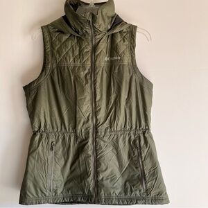 Columbia Olive Hooded Quilted Vest Sleeveless Full Zipper Adjustable Womens L